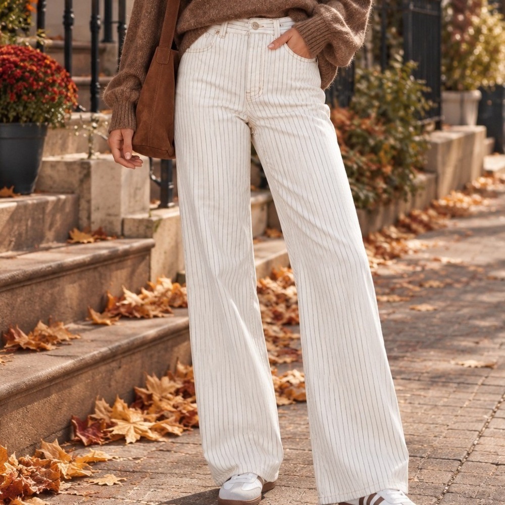 Madewell Low-Slung Baggy Pinstripe Jeans White Navy Blue Wide Leg Size 24